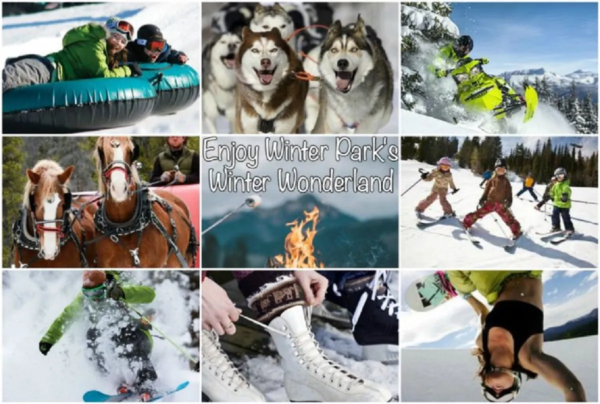 This lively exterior image captures families and children participating in a range of winter activities: tubing down snow-covered hills, playing in the snow, ice skating, and warming up by a campfire. Huskies, horses pulling sleds, and snowmobiles appear in the background, suggesting a vibrant hub of outdoor adventure for all ages.