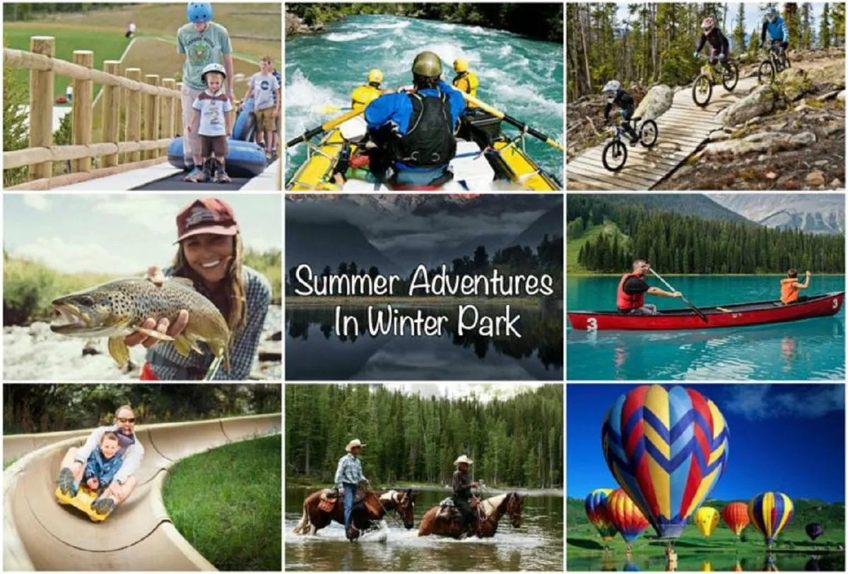 An energetic collage-style interior image featuring a mix of outdoor adventure activities—rafting, biking, horseback riding, and hot air ballooning—set against vivid nature backdrops. The image captures groups and families immersed in high-energy experiences, underscoring the diversity of activities available in every season.