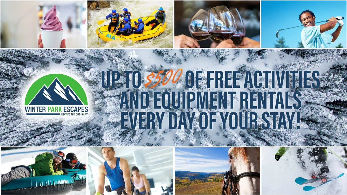 This vibrant collage-style image displays rafting, golfing, skiing, horseback riding, ice cream outings, and wine tasting—all representing the range of exclusive, curated guest experiences available seasonally to guests.